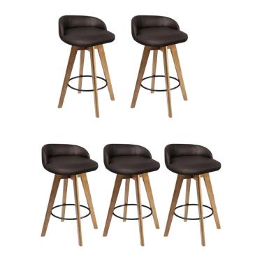 Imagem de Kit 05 Banqueta Alta Com Encosto Berlim Base Giratória Madeira Corino Marrom - Amey Decor