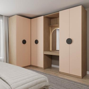 Imagem de Guarda-roupa Modulado Joy 4 Peças Canto, Nicho Com 2 Gaveta, Penteadeira E ideiro Com Nichos Salmão
