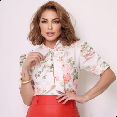 Imagem de Blusa Feminina Social Estampada Manga Curta Bufante com Laço - G-Store