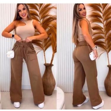 Imagem de Calça pantalona feminina moletom wid leg - Etezo, Marrom, M