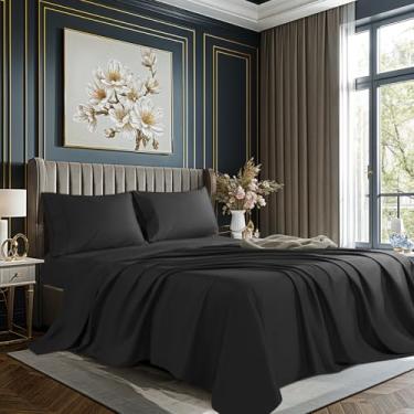Imagem de REDASW Jogo de lençol 100% algodão, 4 peças, king size, algodão egípcio, 1000 fios, macio, respirável, lençol com elástico de 41 cm (king, preto)