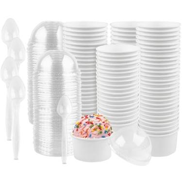 Imagem de Ocmoiy 100 conjuntos de copos de papel para sorvete, copos de sobremesa descartáveis de papel branco de 118 ml, com tampas e colheres para pudim, cupcake, gelatina, lanche, tigela de sobremesa