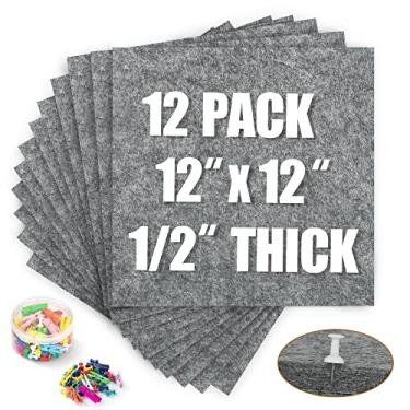 Imagem de AKTOP Quadro de avisos de cortiça 30,5 x 30,5 cm, 1,27 cm de espessura, azulejos, pacote com 12, placa quadrada pequena para parede, quadros de cortiça autoadesivos com 120 clipes de madeira para escola, casa e escritório, cinza