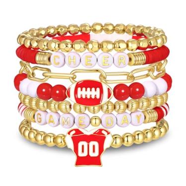 Imagem de FAERLIIRY Pulseiras de Dia de Jogo de Torcida para Mulheres Empilháveis Equipe Inspiradora Pulseira de Futebol para Dia das Mães Roupas Acessórios Joias Presentes, One Size, argila, Sem Pedra Preciosa
