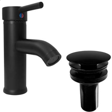 Imagem de Dona D Cor, Torneira Preta Pia Banheiro Bica Baixa E Valvula Click 7/8 Inox Torneira Redonda Monocomando Misturador Ralo Escoamento Kit Lavabo Preto Fosco Luxo