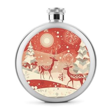 Imagem de Cantil redondo 141.7 g portátil aço inoxidável garrafa anca rena de Natal vermelho cantil cantil uísque para homens e mulheres