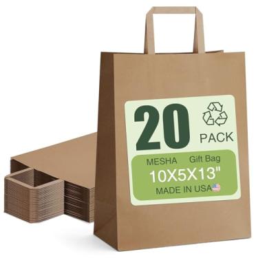 Imagem de MESHA Sacos de papel Kraft 25 x 12 x 33 cm, 20 unidades, marrom, sacos de papel de compras grandes com alças a granel para pequenas empresas, sacola de presente, lembrancinhas recicladas de