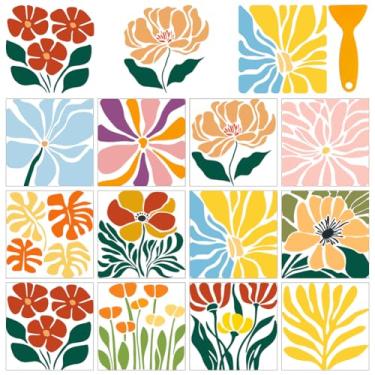 Imagem de AHANDMAKER 12 folhas de adesivos de transferência de flores com raspador, adesivos florais coloridos abstratos boho para livraria, sala de estudo, creche, decoração de janela, 14 x 14 cm