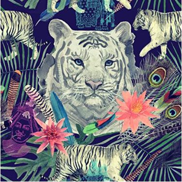 Imagem de Papel De Parede Adesivo Azul Tigre De Bengala Flores Penas Folhas 3m