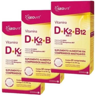 Imagem de Kit 3x Vitamina D + K2 Mk7 + B12 Geovit Sabor Morango  60 Comprimidos 