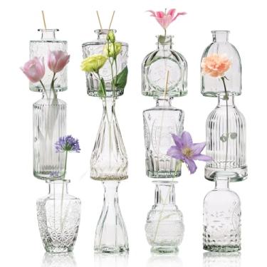 Imagem de Yabool Conjunto de 12 vasos de botão, vasos para centros de mesa, vasos de vidro fofos a granel, vasos pequenos para flores, conjunto de mini vasos para decorações de casamento, decoração de flores de