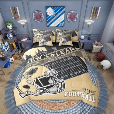 Imagem de Erosebridal Jogo de cama solteiro para fãs de futebol americano com lençol de 7 peças, presentes para crianças, meninos, adolescentes, jogo de cama de jogo de rúgbi, amarelo e preto (Nova Orleans)
