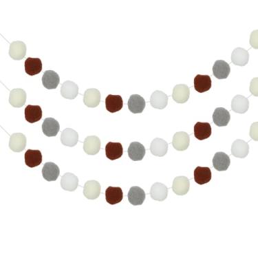 Imagem de PATIKIL 3 peças de guirlanda de pompom, faixa decorativa de 1,8 m com 20 bolas para Halloween, Dia das Bruxas, Natal, casamento, festa de aniversário, branco, creme, cinza, marrom