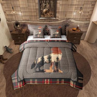 Imagem de Erosebridal Conjunto de cama casal com 7 peças, estampa de lobos uivantes, para crianças, meninos, meninas, adolescentes, edredom rústico de cabana de fazenda, cama reversível com estampa de animais