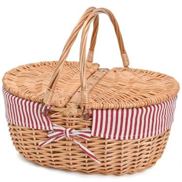 Imagem de Cesta de piquenique grande de vime de 39 cm com forro removível, cestas de piquenique vazias com tampa, cesto de piquenique com alças dobráveis para piquenique, listras vermelhas, grande