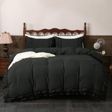 Imagem de Bedorm Conjunto de capa de edredom preto Queen plissado com babados e renda chique, franja, campo, francês, decoração de quarto, super macio, aconchegante, preto, boêmio, conjunto de capa de edredom