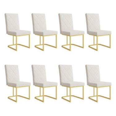 Imagem de Kit 08 Cadeiras de Jantar Estofada Siena Linho Base de Ferro Dourada -