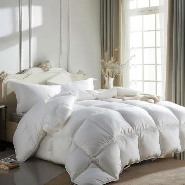 Imagem de Luxuoso edredom Queen de pluma de ganso tamanho completo, enchimento de edredom de penugem de ganso macio, 100% algodão, leve coleção de hotel, aquecimento leve 227 x 234 cm, branco sólido