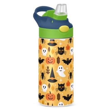 Imagem de Pigsaly Garrafa de água infantil com isolamento de Halloween, fantasma, abóbora, 350 ml, copo isolado a vácuo com alça de parede dupla, caneca de café para viagem, copo infantil para meninos e meninas