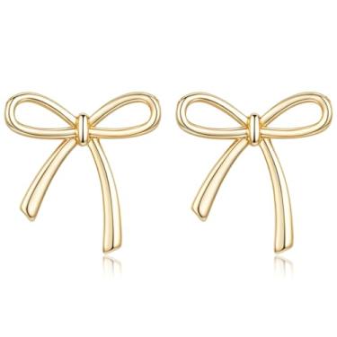 Imagem de Dlknp Brincos de laço para mulheres, simples, brilhantes, dourados, fofos, delicados, sem manchas, hipoalergênicos, com laço grosso, joias presentes para ela