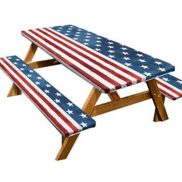 Imagem de Capa de mesa de piquenique com capas de banco, toalha de mesa elástica com 3 peças, 182 x 76 cm, toalha de mesa impermeável à prova de vento de 1,8 m para acampamento ao ar livre e piquenique no