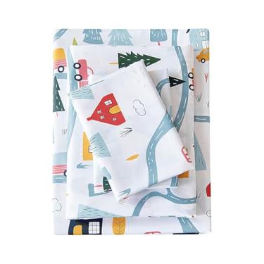 Imagem de MCO Lençóis de cama casal infantil de microfibra macia para meninos e meninas, 4 peças de caminhões de cama casal respiráveis