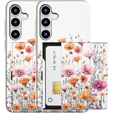 Imagem de MUQR Capa compatível com Samsung Galaxy S23 FE com suporte de cartão fofo - Design Kawaii, proteção contra quedas de nível militar, capa carteira robusta para mulheres (campos de flores brancas e rosa