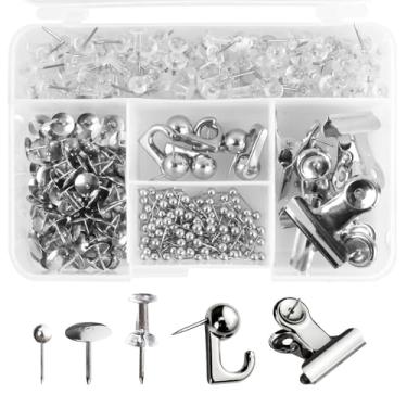 Imagem de Conjunto de 310 pinos de pressão, 5 estilos de grampos de polegar planos grampos decorativos para quadro de cortiça, quadro de avisos, acessórios de parede de escritório (prata)