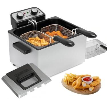 Imagem de Fritadeira elétrica grande de 1800 W, 5 litros/21 chávenas, com 3 cestas de fritar, temperatura ajustável, tampa de janela de exibição, panela de aço inoxidável, perfeita para cozinha, peixe fritar