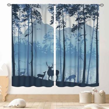 Imagem de Cortinas florestais rústicas, cabana de fazenda, árvore, chalé, caça, veado, acampamento, vintage, retrô, azul, blecaute, janela, tratamentos para sala de estar, quarto, cozinha, banheiro, 2 painéis