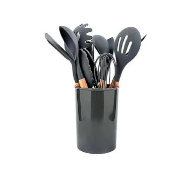 Imagem de Jogo 12 peças Silicone/Madeira Talher Escumadeira Utensilio Cozinha (Azul) (Cinza)