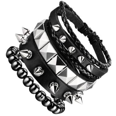 Imagem de Ulekuke 4 pulseiras de couro punk rock cravejadas para homens e mulheres 80 conjunto de pulseiras góticas com espigões acessórios emo para roupas de roqueiro, One size, Couro Couro sintético, Sem