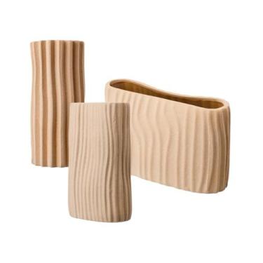 Imagem de Kit Com 3 Vasos Decorativos Cerâmica Bege Para Sala Rafimex