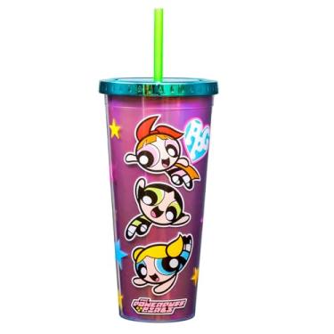 Imagem de Spoontiques - Copo de folha acrílica com canudo - 590 ml - Tampa de bloqueio metálico com canudo - Isolamento de parede dupla - Sem BPA - Copo de alumínio para meninas superpoderosas