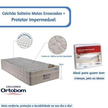 Imagem de Kit Colchão Solteiro Ortobom Airtech Molas Ensacadas 88x188x25  Protet