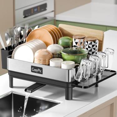 Imagem de CosyPic Escorredor de louça, escorredor de pratos de aço inoxidável 304 mais espesso premium para balcão de cozinha, conjunto de escorredor e escorredor com suporte de utensílios e suporte de copo