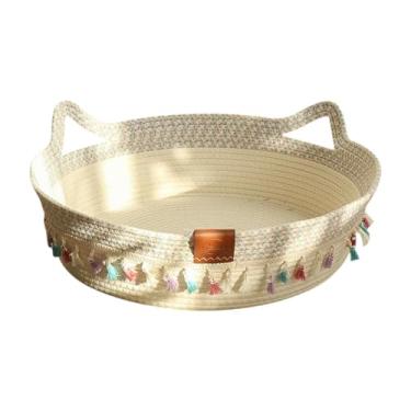 Imagem de MFMEXUL Cama para Gatos, Cesta de Tecido, para Animais de Estimação, Caverna Interna, Feita à Mão com Corda Macia E Borlas Decorativas, Adequada para Du, M