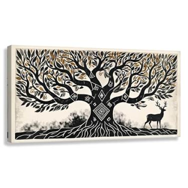 Imagem de Árvore da Vida Arte de Parede Impressão em Tela Decoração Harmonia da Vida Preto Branco Dourado 40x20cmx1