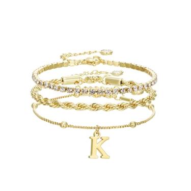 Imagem de Pulseiras de ouro para mulheres – Conjunto de joias de pilha de pulseiras de ouro delicadas com iniciais personalizadas, linda caixa de corda, corrente de corrente, pulseiras de tênis, presentes para