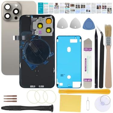 Imagem de UooFide Substituição de tela traseira de vidro compatível com iPhone 15 Pro de 6,1 polegadas com todas as operadoras + placa pré-instalada + cabo flexível de bobina de carregamento sem fio + lanterna