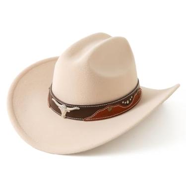 Imagem de Lanzom Chapéu de caubói feminino com aba larga de feltro para cowboys e vaqueiras, Bege, M-G