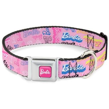Imagem de Coleira para animais de estimação Mattel, fivela de cinto de segurança de metal, colagem de assinatura Barbie Script rosa multicolorido, 50 a 79 cm de largura