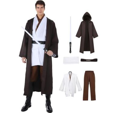 Imagem de KUGVDI Fantasia De Cavaleiro Halloween Masculina, Túnica Com Capuz, Conjunto Completo Sabre Luz, Trajes Cosplay (Branco, Gg)