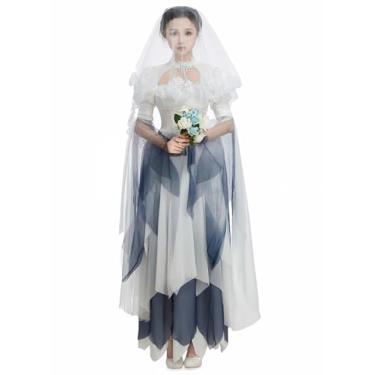Imagem de Cosplay.fm Women Ghost Bride Costume Gossamer Corpse Bride Dress Medieval Victorian Vampire Dress with Veil for Halloween (White, S)