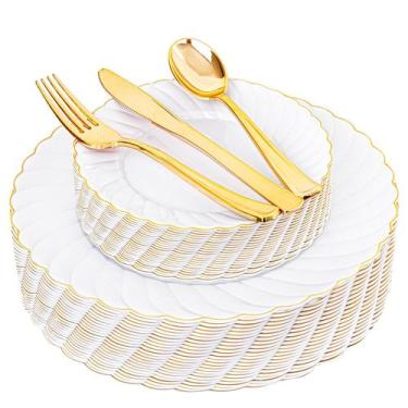 Imagem de Pratos de plástico YOUBET brancos com borda dourada 125 unidades para 