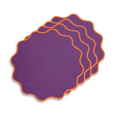 Imagem de Solino Home Jogo americano de linho conjunto de 4-100% linho puro caqui laranja e roxo jogo americano de pano redondo 40,6 cm para outono, Halloween - Giselle Scallop Edge, feito à mão e lavável na