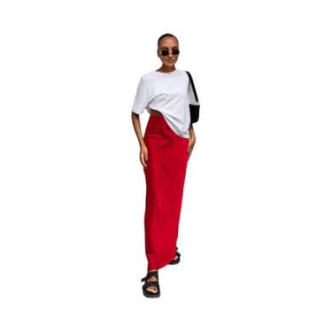 Imagem de Saia Midi De Cintura Alta Em Cetim Para Mulheres 2024 Moda Elegante Ve