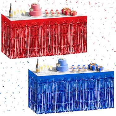 Imagem de Pacote com 2 saias de mesa vermelhas azuis escuras, 73,7 x 274,3 cm de folha metálica com franjas para mesas retangulares, cortinas de flâmula, pano de fundo, decorações de festa para aniversários