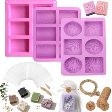 Imagem de Kit de fabricação de sabão com 3 moldes de silicone, 48 sacos, 48 etiquetas de presente, barbante de juta de 20 metros – conjunto de artesanato para sabonetes artesanais – iniciantes e profissionais