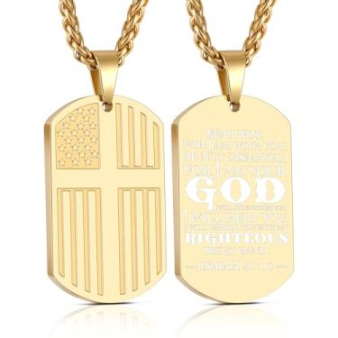 Imagem de Yanxyad Cruz etiqueta de cão bandeira americana versículo bíblia colar de aço inoxidável corrente pingente militar joias religiosas presentes para homens adolescentes 55 + 5 centímetros, Medium, Aço